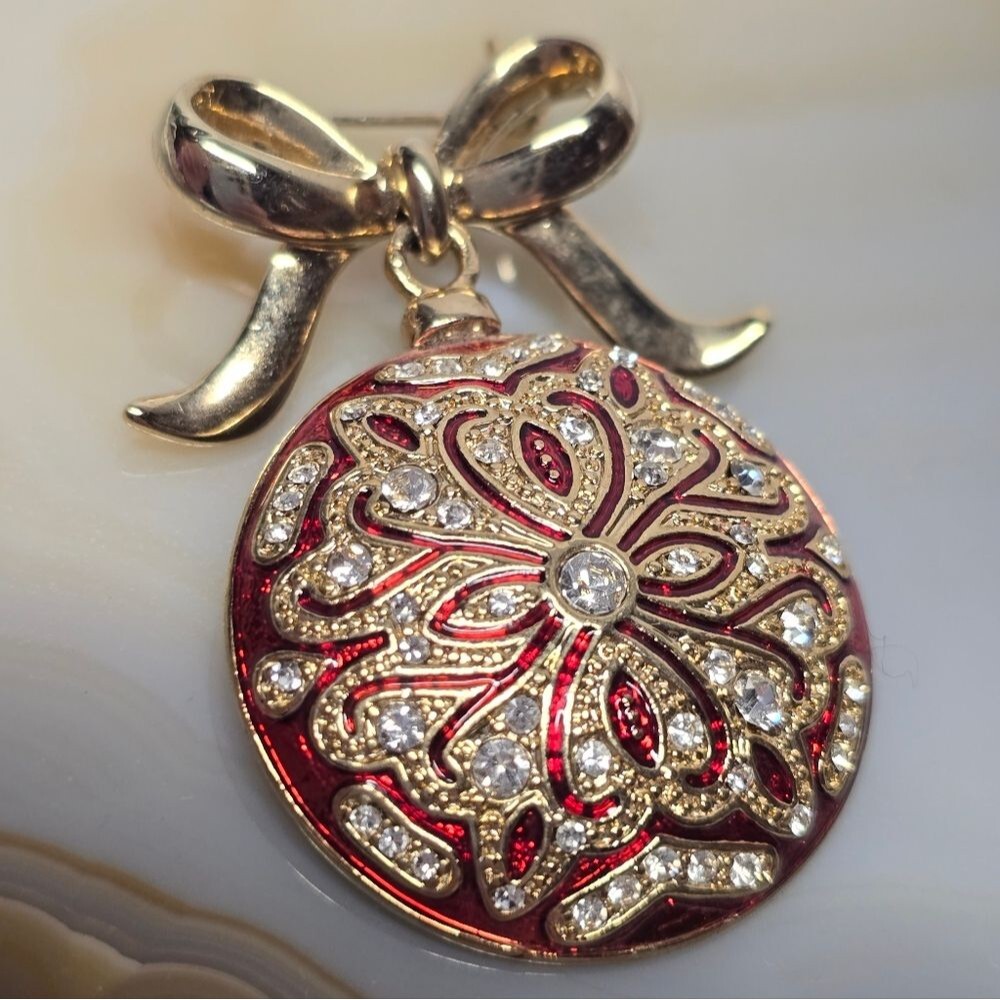 Vintage Monet Red Gold Ball Ornament Christmas Brooch Pin With Rhinestones